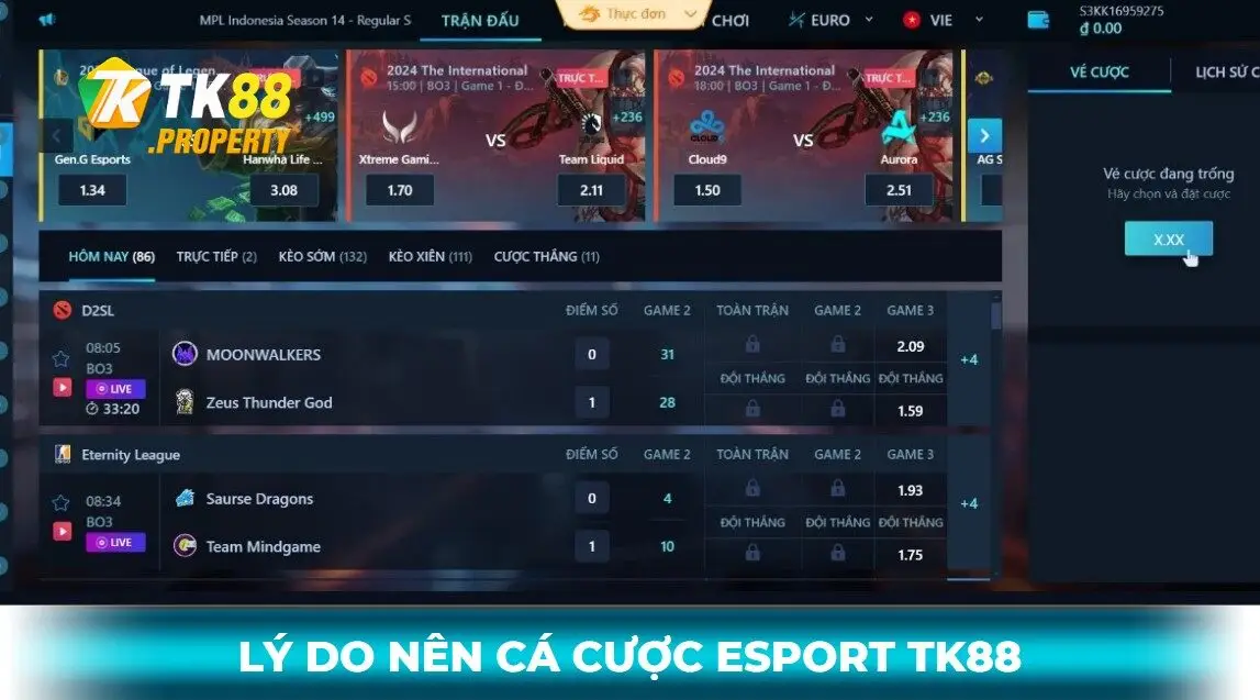 Lý do nên chơi cá cược esport tk88