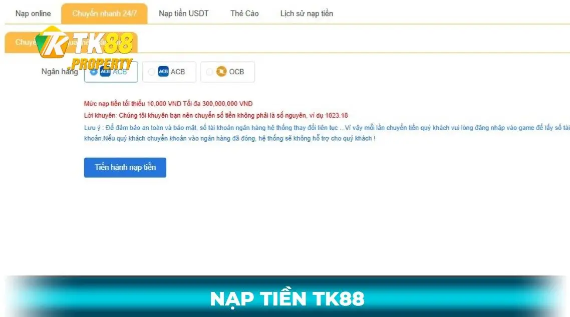 Nạp tiền tk88 bằng chuyển nhanh 247