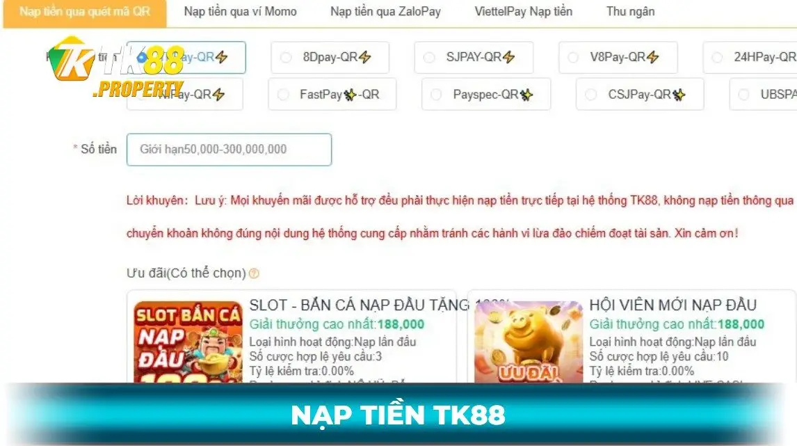 Nạp tiền tk88 bằng quét mã qr