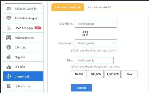 Chuyển quỹ rút tiền tk88