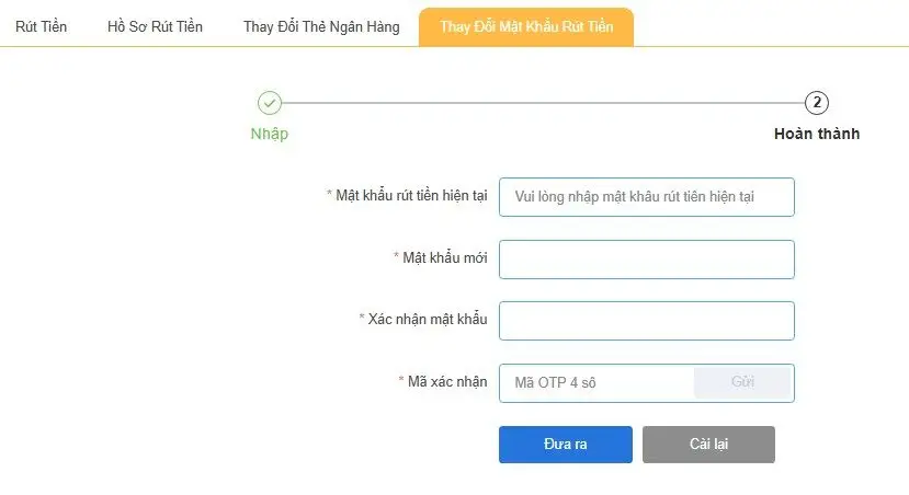Thay đổi mật khẩu rút tiền tk88
