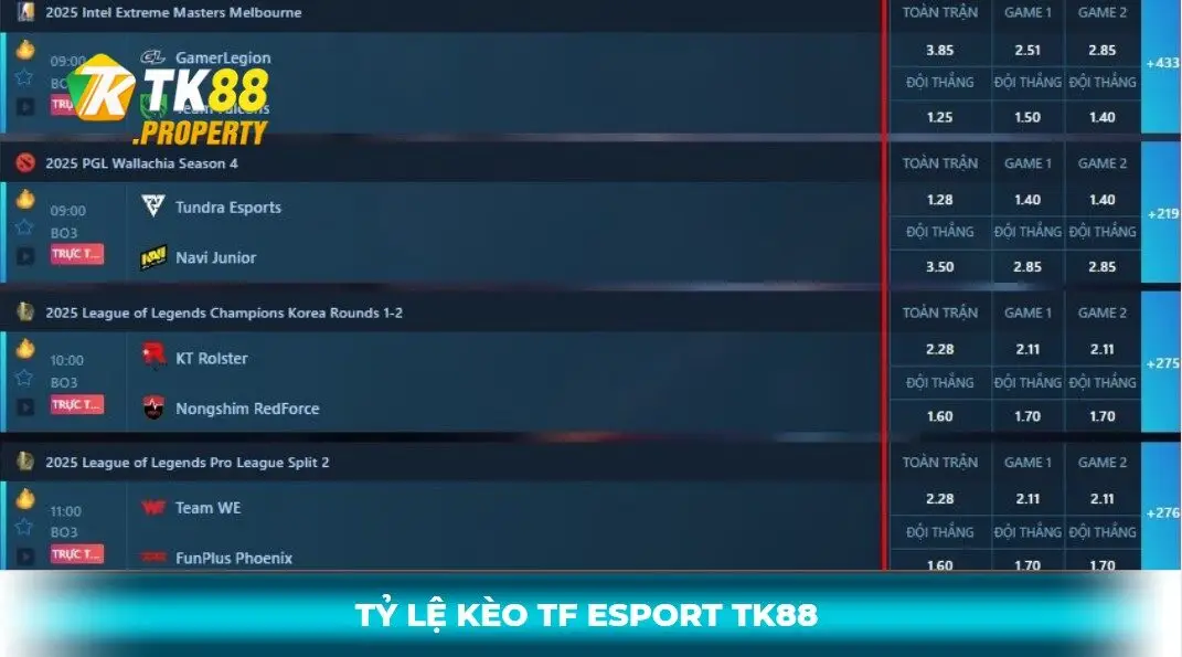 Tỷ lệ kèo cược tại tf esport TK88