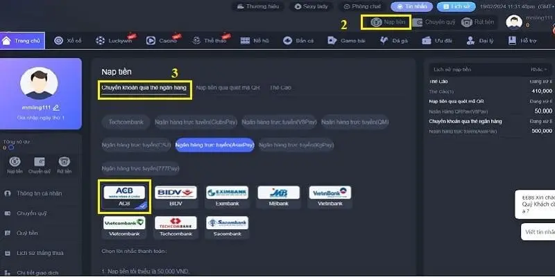 Hướng dẫn nạp tiền tk88